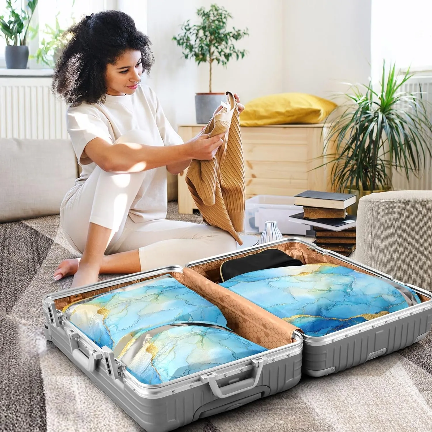 Luggage Space Saver, Organizadores De Maletas Para, Marble Yellow Blue, With Zipper, 3 Set Travel Packing Cubes For Suitcases, Garment Bag Closet Storage