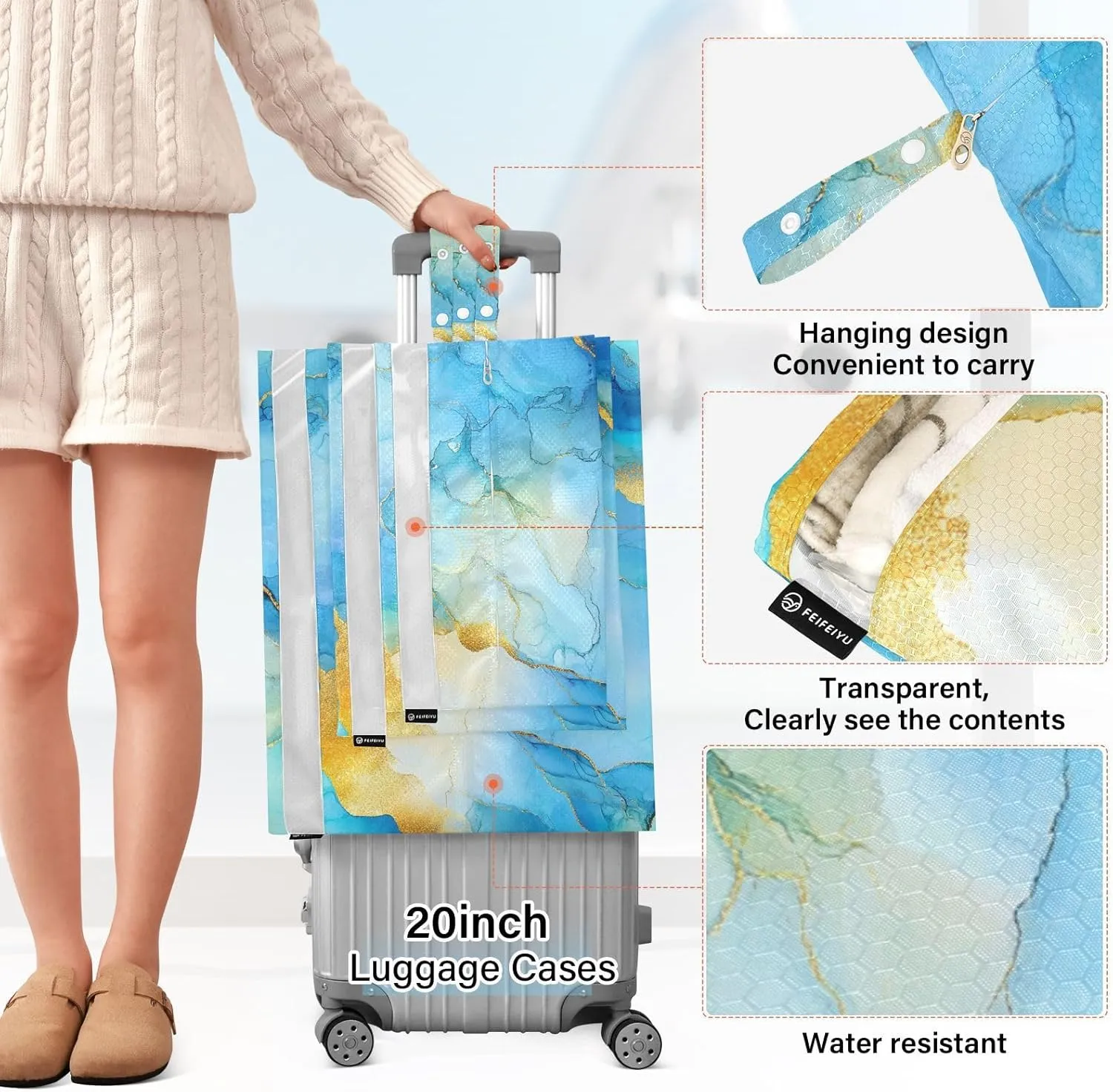 Luggage Space Saver, Organizadores De Maletas Para, Marble Yellow Blue, With Zipper, 3 Set Travel Packing Cubes For Suitcases, Garment Bag Closet Storage