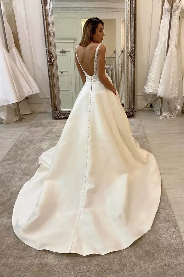 Luolandi A-Line V-neck Lace Appliques Satin Wedding Dress Bridal Gowns Floor Length Beautiful