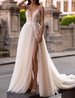 Luolandi Beach Boho Wedding Dresses A-Line Camisole V Neck Sleeveless Court Train Tulle Bridal Gowns With Appliques