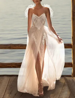 Luolandi Beach Boho Wedding Dresses A-Line Camisole V Neck Sleeveless Sweep / Brush Train Lace Bridal Gowns With Slit
