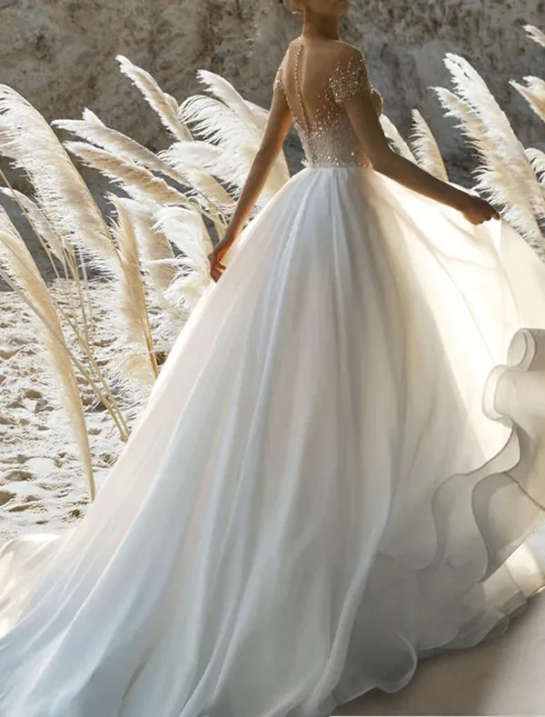 Luolandi Beach Formal Wedding Dresses A-Line Off Shoulder Short Sleeve Court Train Chiffon Bridal Gowns With Pleats Beading Sparkly