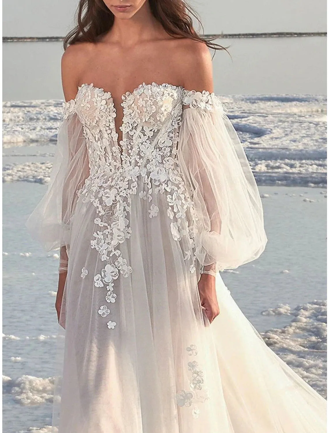 Luolandi Beach Formal Wedding Dresses A-Line Off Shoulder Sleeve Court Train Lace Bridal Gowns With Appliques