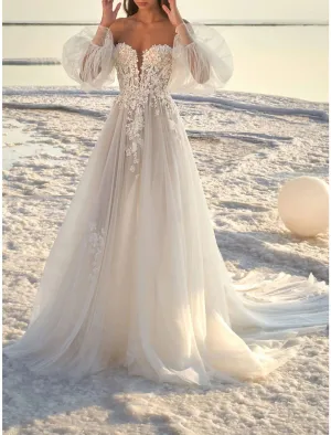 Luolandi Beach Formal Wedding Dresses A-Line Off Shoulder Sleeve Court Train Lace Bridal Gowns With Appliques