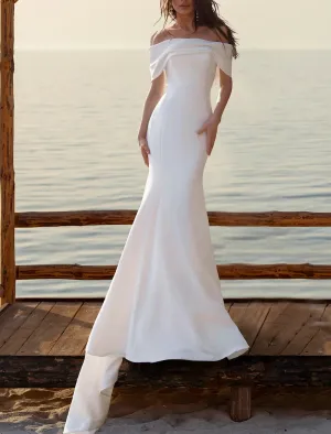 Luolandi Beach Simple Wedding Dresses Mermaid / Trumpet Off Shoulder Cap Sleeve Court Train Satin Bridal Gowns With Ruched White
