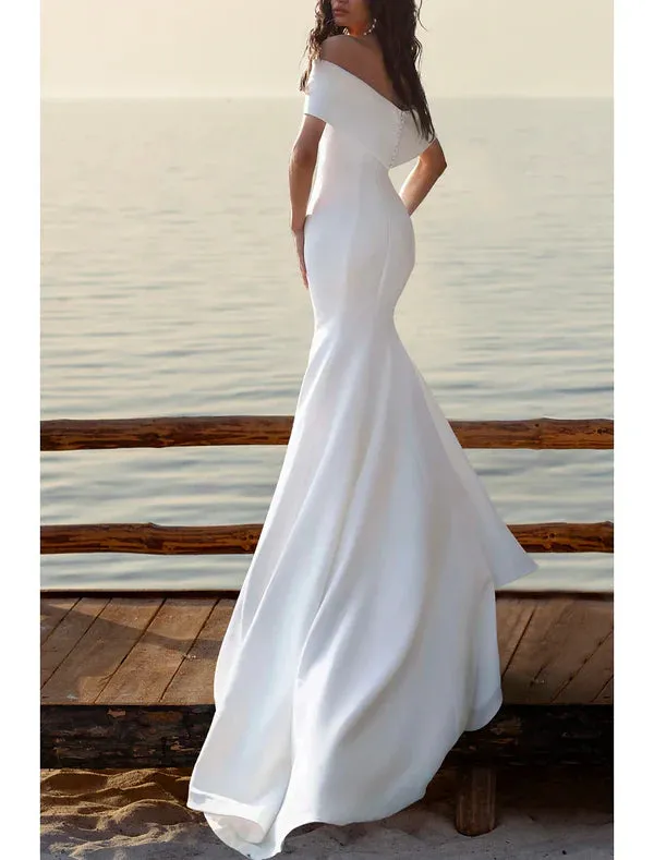 Luolandi Beach Simple Wedding Dresses Mermaid / Trumpet Off Shoulder Cap Sleeve Court Train Satin Bridal Gowns With Ruched White