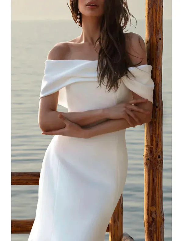 Luolandi Beach Simple Wedding Dresses Mermaid / Trumpet Off Shoulder Cap Sleeve Court Train Satin Bridal Gowns With Ruched White