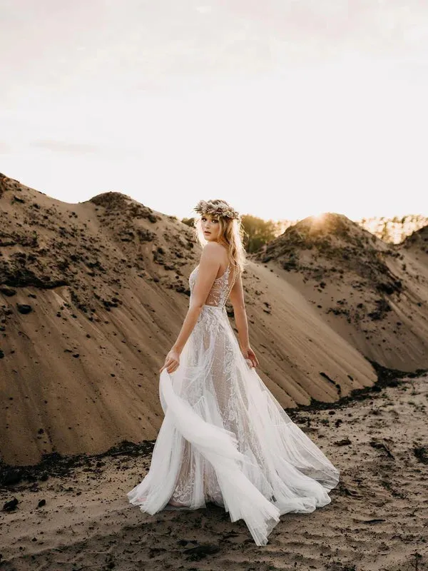 Luolandi Beautiful Tulle Sleeveless Illusion A-line Wedding Gowns Floor Length Charming Wedding Dress