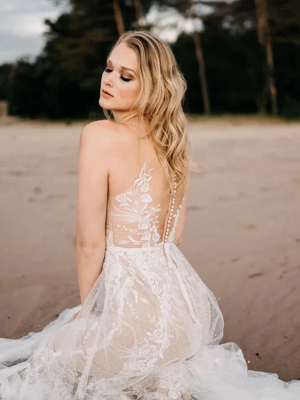 Luolandi Beautiful Tulle Sleeveless Illusion A-line Wedding Gowns Floor Length Charming Wedding Dress