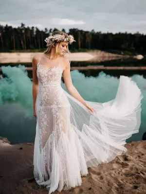 Luolandi Beautiful Tulle Sleeveless Illusion A-line Wedding Gowns Floor Length Charming Wedding Dress