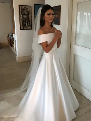 Luolandi Charming Satin A-line Wedding Dresses Long Bridal Gowns Off Shoulder Floor Length Simple