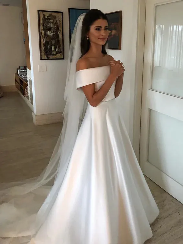 Luolandi Charming Satin A-line Wedding Dresses Long Bridal Gowns Off Shoulder Floor Length Simple