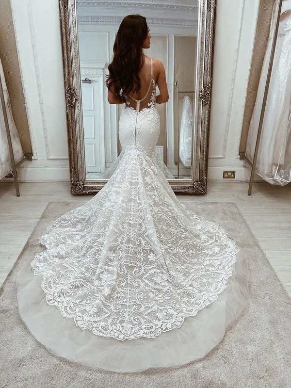 Luolandi Charming Spaghetti Straps Mermaid Wedding Dresses Lace Appliqued Gowns Beautiful