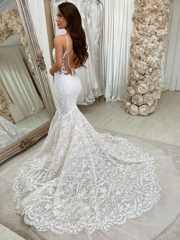 Luolandi Charming Spaghetti Straps Mermaid Wedding Dresses Lace Appliqued Gowns Beautiful