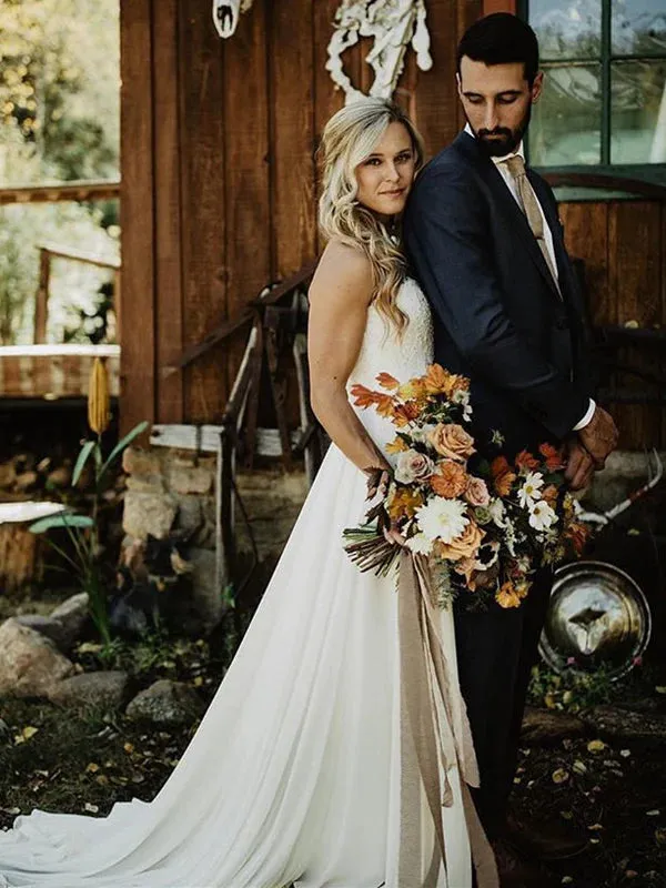 Luolandi Delicate Lace Bridal Gowns Sweetheart Chiffon A-line Wedding Dresses Off Shoulder Charming