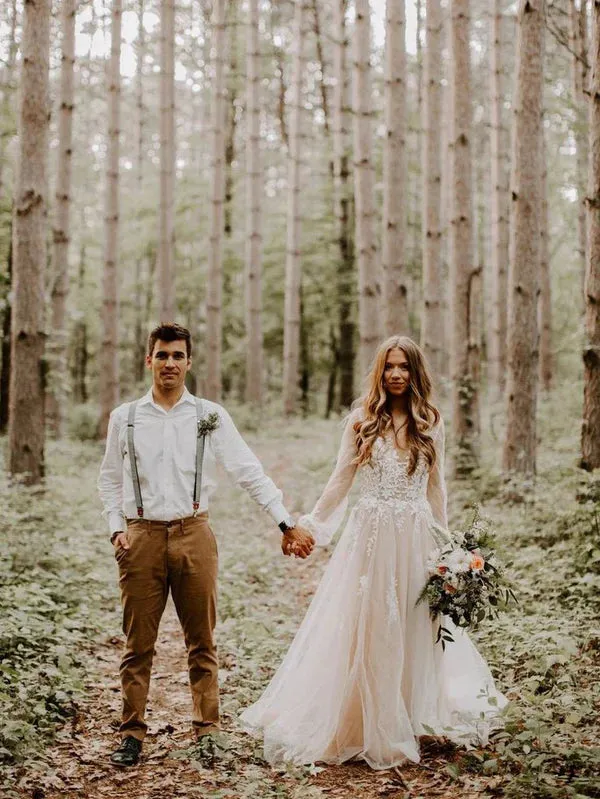 Luolandi Dreamy Long Sleeves A-line Wedding Dresses Applique Tulle Backless Bridal Gowns Charming