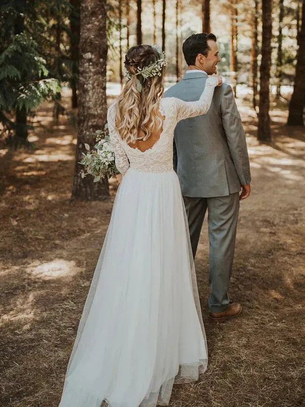 Luolandi Elegant Simple Long Sleeves A-line Wedding Dresses Tulle Bridal Gowns Beautiful