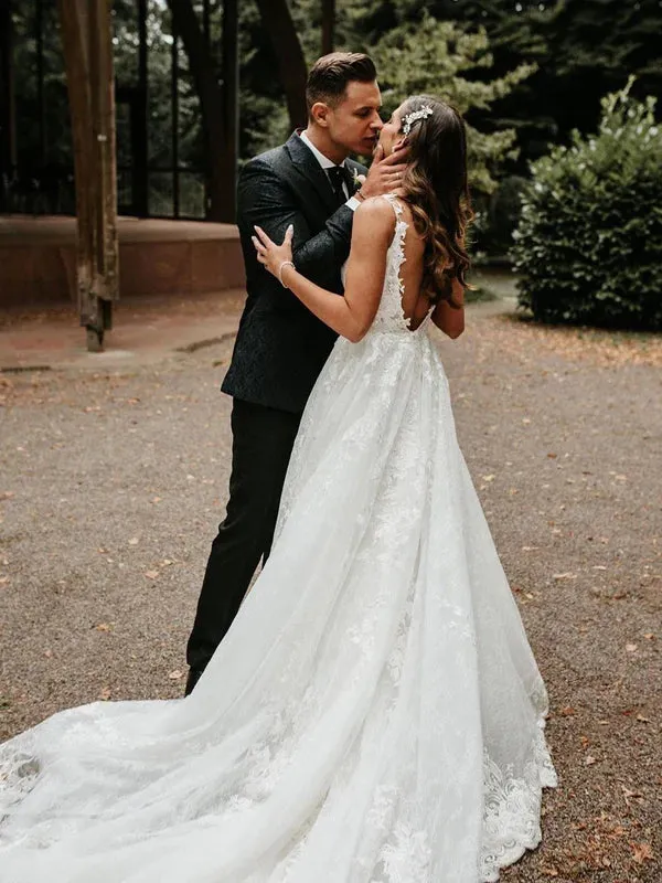 Luolandi Elegant Tulle A-line Backless Wedding Dresses Chapel Train Bridal Gowns Beautiful