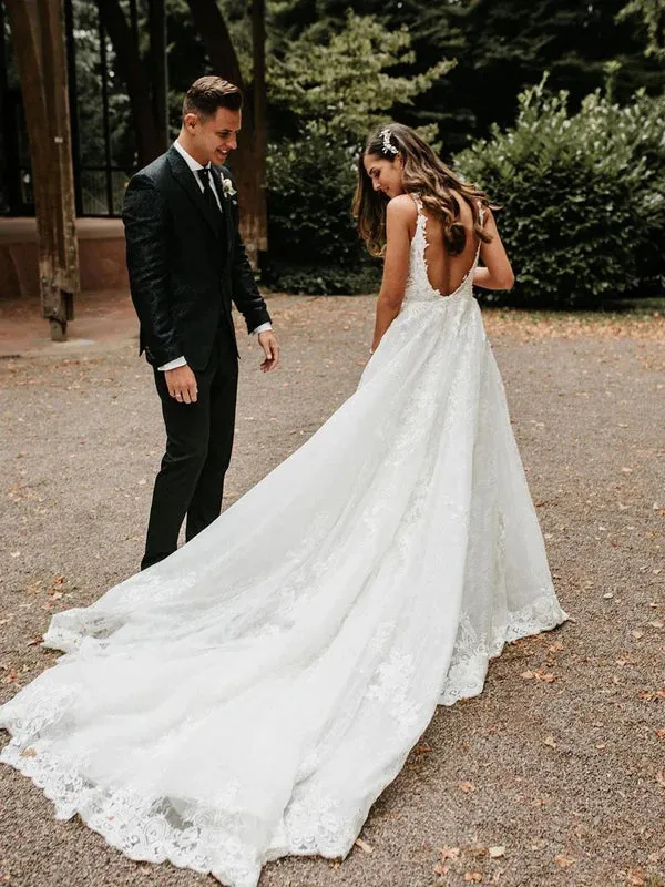 Luolandi Elegant Tulle A-line Backless Wedding Dresses Chapel Train Bridal Gowns Beautiful