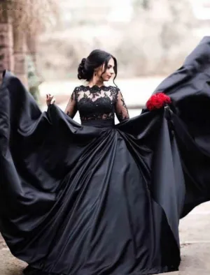 Luolandi Engagement Gothic Wedding Dresses A-Line Illusion Neck Long Sleeve Floor Length Satin Bridal Gowns With Draping