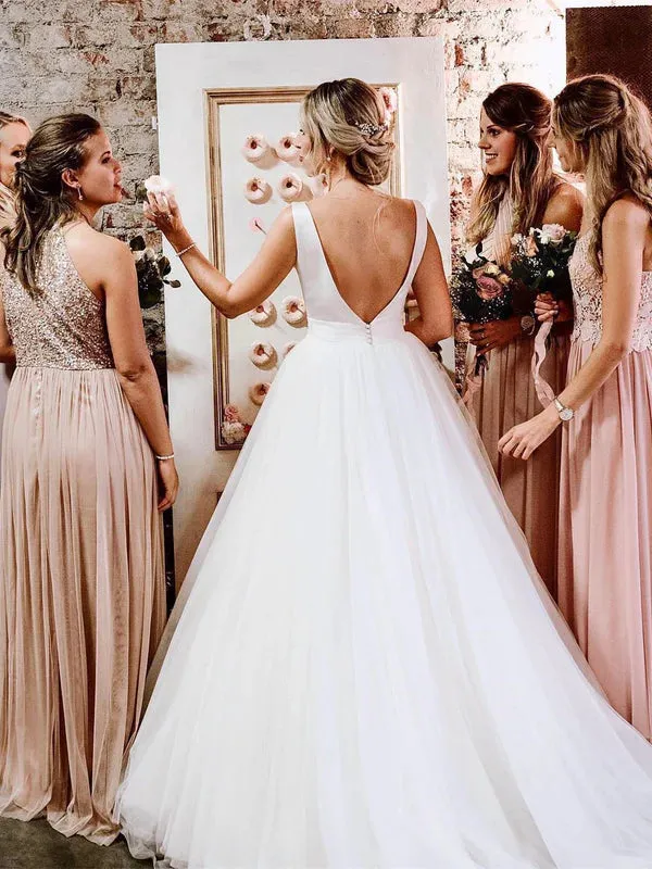 Luolandi Exquisite Bateau Tulle Wedding Dresses Backless A-line Gowns Simple Floor Length With Bow