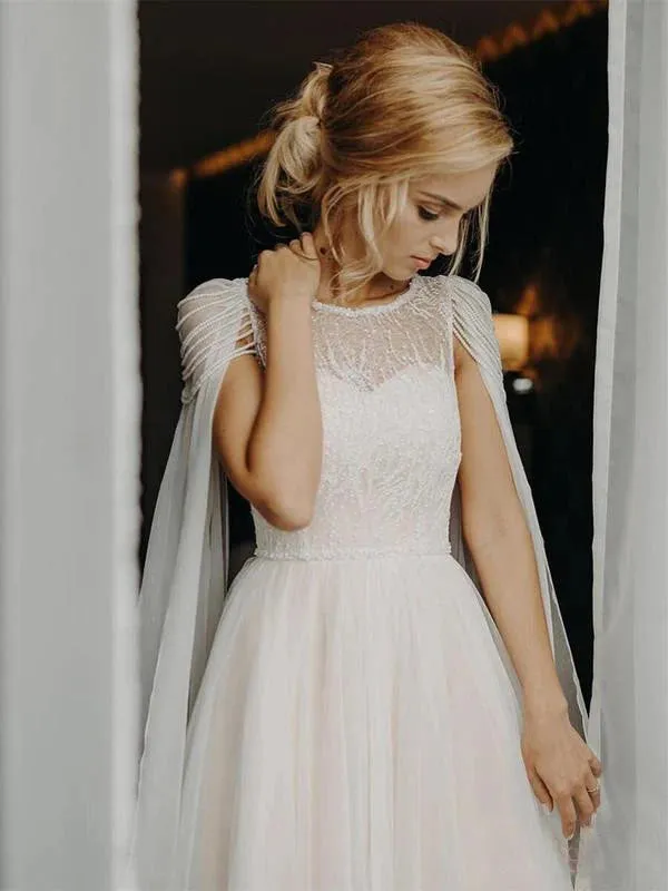 Luolandi Exquisite Tulle Wedding Dresses Long A-line Bridal Gowns With Pearls Charming