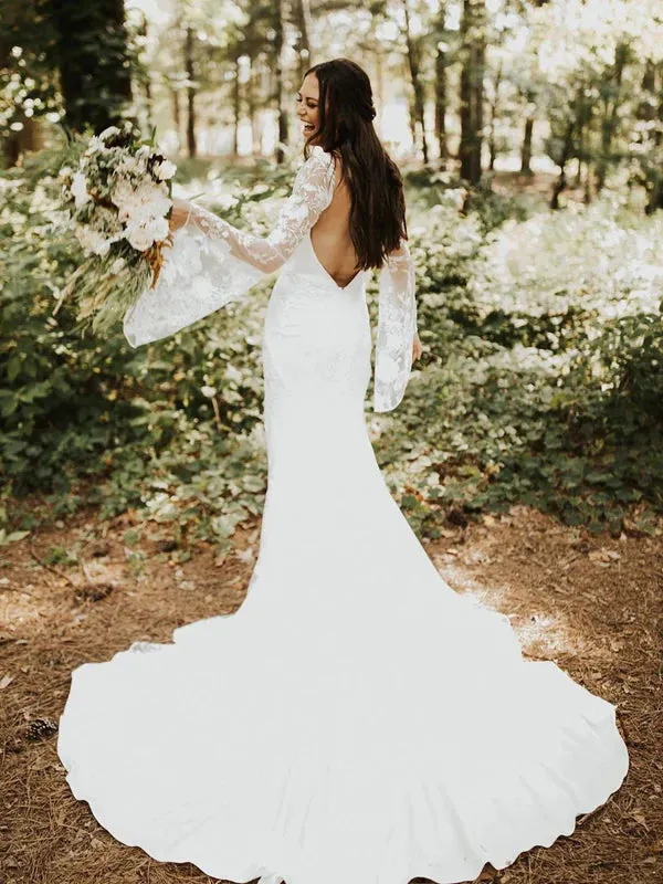 Luolandi Fabulous Longsleeves V-Neck Wedding Dresses Backless Sweep Train Bridal Gowns Elegant