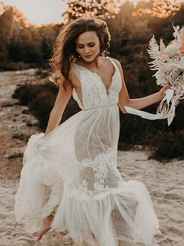 Luolandi Fabulous Tulle Illusion V-neck A-line Backless Wedding Gowns Elegant Wedding Dresses
