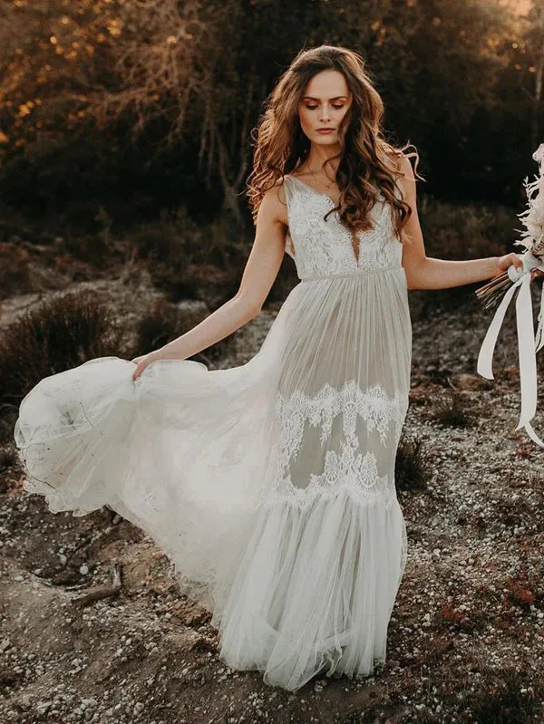 Luolandi Fabulous Tulle Illusion V-neck A-line Backless Wedding Gowns Elegant Wedding Dresses