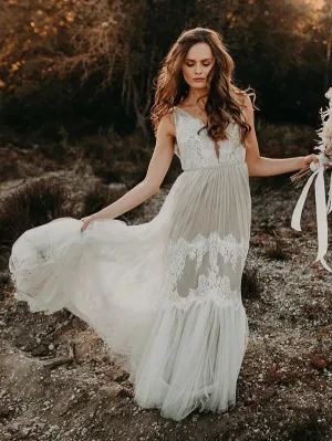 Luolandi Fabulous Tulle Illusion V-neck A-line Backless Wedding Gowns Elegant Wedding Dresses