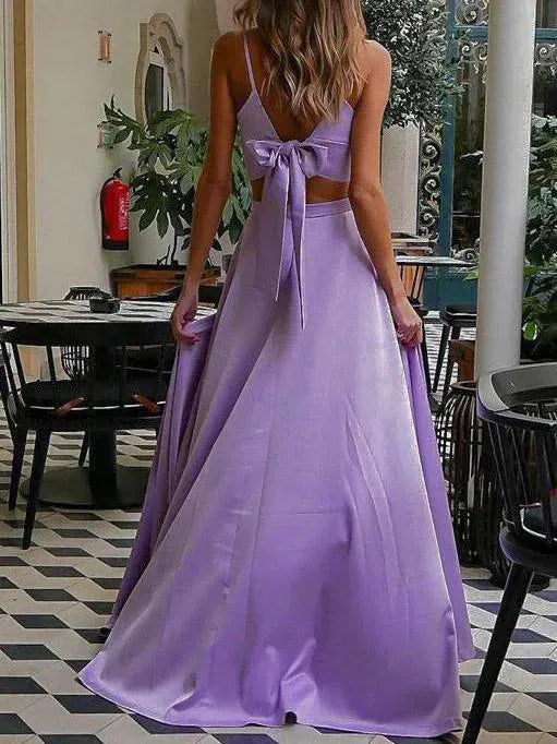 Luolandi Fashion Satin Straps A-line Prom Dresses 2 Pieces Gowns With Slit Sexy Party Dress