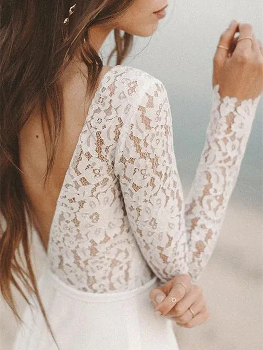 Luolandi Long Sleeves Lace Wedding Dresses A-line Chiffon Bridal Gowns V-neck Floor Length Elegant
