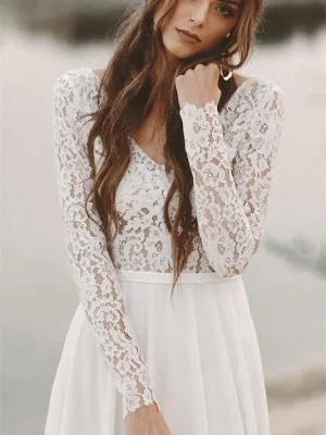 Luolandi Long Sleeves Lace Wedding Dresses A-line Chiffon Bridal Gowns V-neck Floor Length Elegant