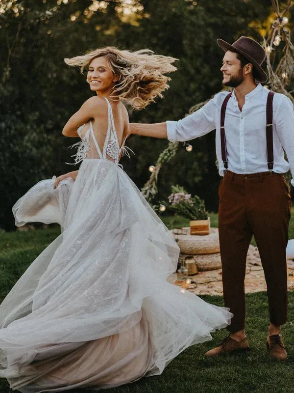 Luolandi Marvelous Backless V-neck A-line Wedding Dresses Appliques Tulle Bridal Gowns Sexy