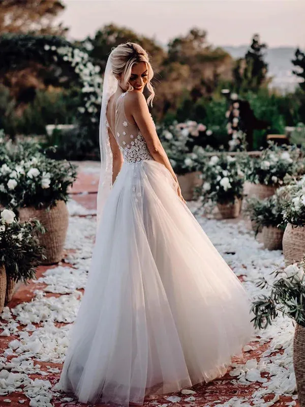 Luolandi Marvelous V-neck A-line Wedding Dresses With Flowers Tulle Gowns Charming No With Wedding Veil
