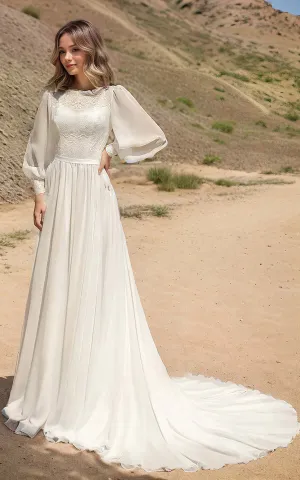Luolandi Modest Long Sleeve Casual Rustic A-Line Bateau Neck Wedding Dress Gowns with Train Beautiful
