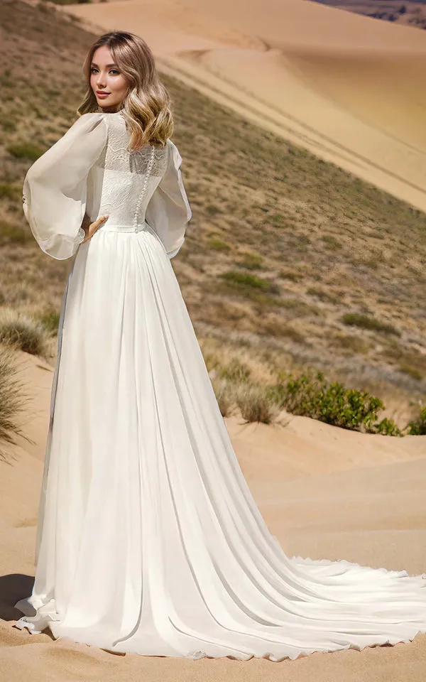 Luolandi Modest Long Sleeve Casual Rustic A-Line Bateau Neck Wedding Dress Gowns with Train Beautiful