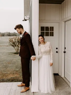 Luolandi Modest Tulle A-line Wedding Dresses Country With Sleeves Gowns Elegant