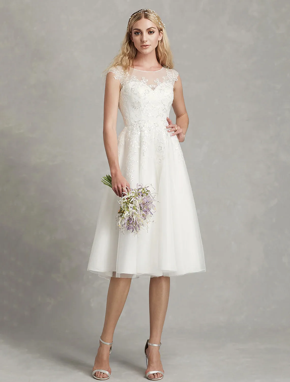Luolandi Reception Little White Dresses Wedding Dresses A-Line Illusion Neck Cap Sleeve Knee Length Lace Bridal Gowns