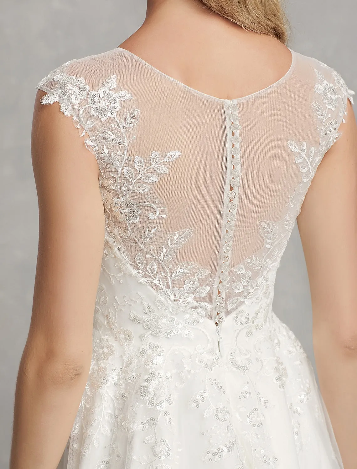 Luolandi Reception Little White Dresses Wedding Dresses A-Line Illusion Neck Cap Sleeve Knee Length Lace Bridal Gowns
