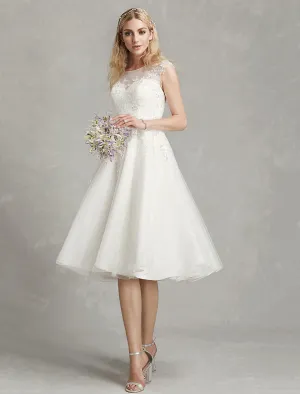 Luolandi Reception Little White Dresses Wedding Dresses A-Line Illusion Neck Cap Sleeve Knee Length Lace Bridal Gowns