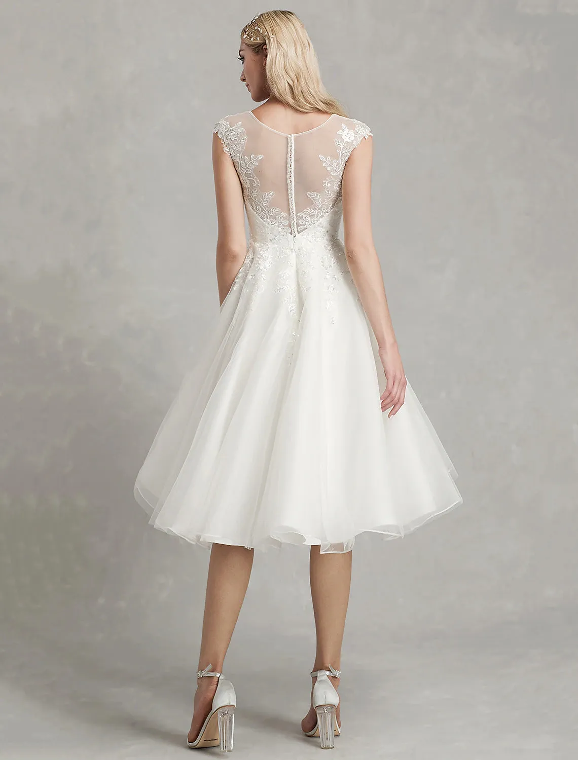 Luolandi Reception Little White Dresses Wedding Dresses A-Line Illusion Neck Cap Sleeve Knee Length Lace Bridal Gowns