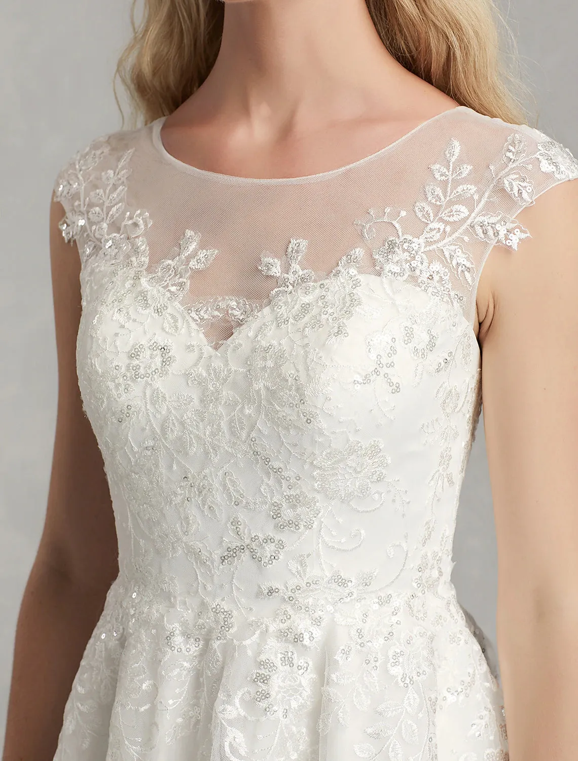 Luolandi Reception Little White Dresses Wedding Dresses A-Line Illusion Neck Cap Sleeve Knee Length Lace Bridal Gowns