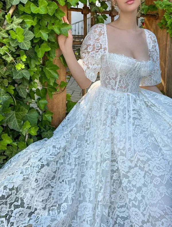 Luolandi Reception Little White Dresses Wedding Dresses A-Line Sweetheart Half Sleeve Tea Length Lace Bridal Gowns With Appliques
