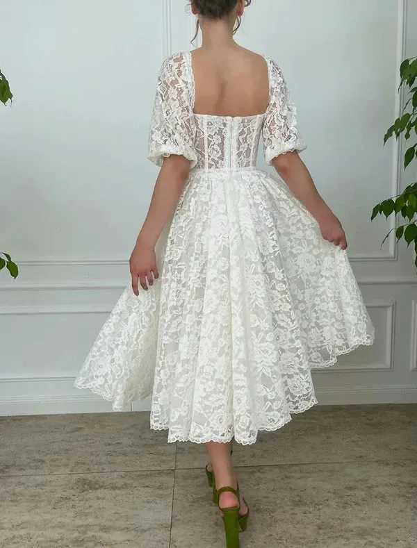 Luolandi Reception Little White Dresses Wedding Dresses A-Line Sweetheart Half Sleeve Tea Length Lace Bridal Gowns With Appliques