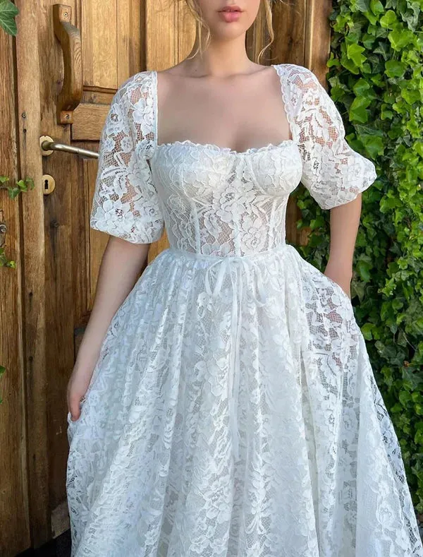 Luolandi Reception Little White Dresses Wedding Dresses A-Line Sweetheart Half Sleeve Tea Length Lace Bridal Gowns With Appliques