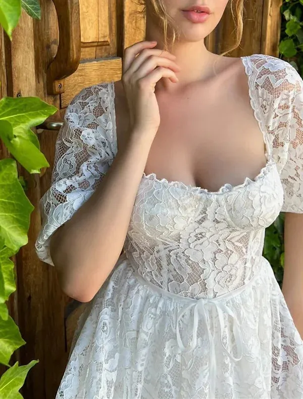 Luolandi Reception Little White Dresses Wedding Dresses A-Line Sweetheart Half Sleeve Tea Length Lace Bridal Gowns With Appliques