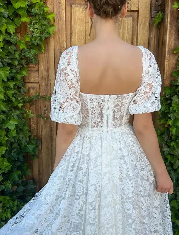 Luolandi Reception Little White Dresses Wedding Dresses A-Line Sweetheart Half Sleeve Tea Length Lace Bridal Gowns With Appliques