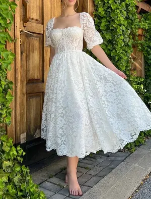 Luolandi Reception Little White Dresses Wedding Dresses A-Line Sweetheart Half Sleeve Tea Length Lace Bridal Gowns With Appliques