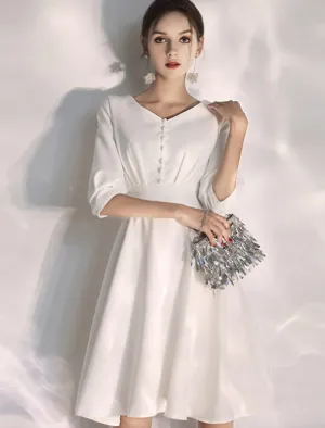 Luolandi Reception Little White Dresses Wedding Dresses A-Line V Neck Half Sleeve Knee Length Stretch Fabric Bridal Gowns